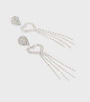 New Look Silver Diamante Heart Drop Tassel Earrings